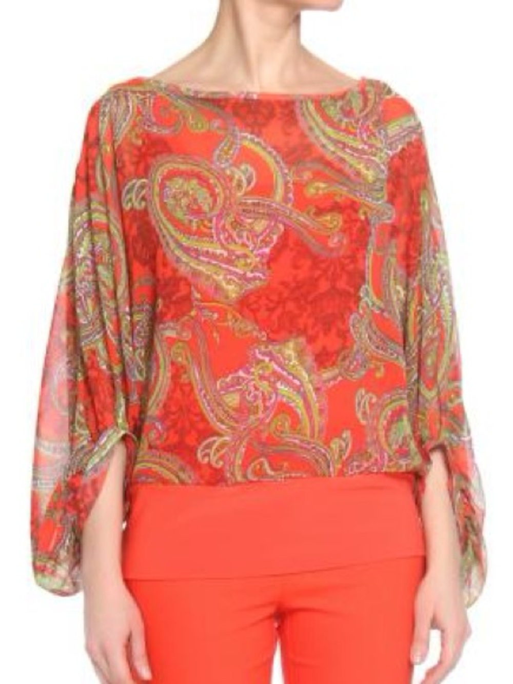 328. Joseph Ribkoff Bright Coral Paisley Boatneck Blouse